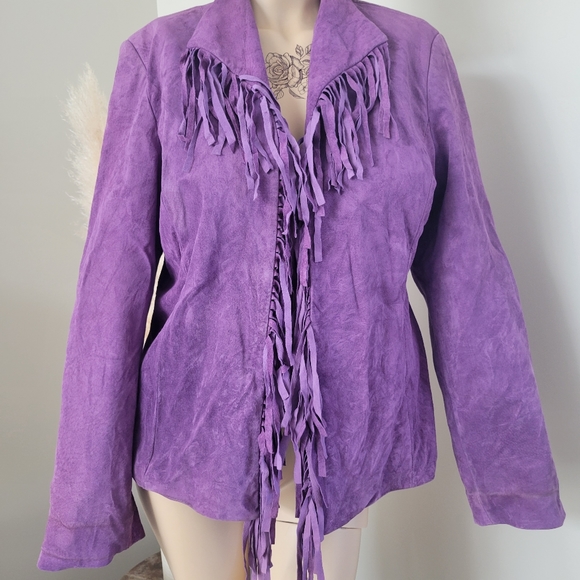 Purple fringe suede leather jacket L - Picture 6 of 11